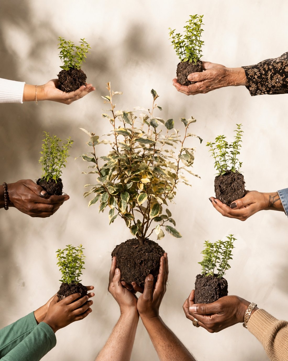 Many diverse hands holding seedlings in a circle, planting roots together